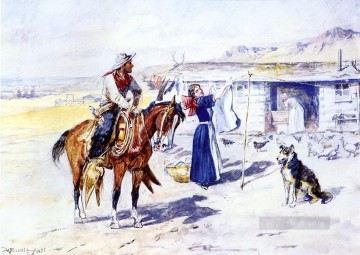 インディアナ カウボーイ Painting - スルーマンの射程上の家 1897年 チャールズ・マリオン・ラッセル インディアナ州のカウボーイ